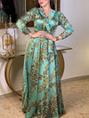 Satin Golden Print Lapel Design Long Sleeve Party Dress