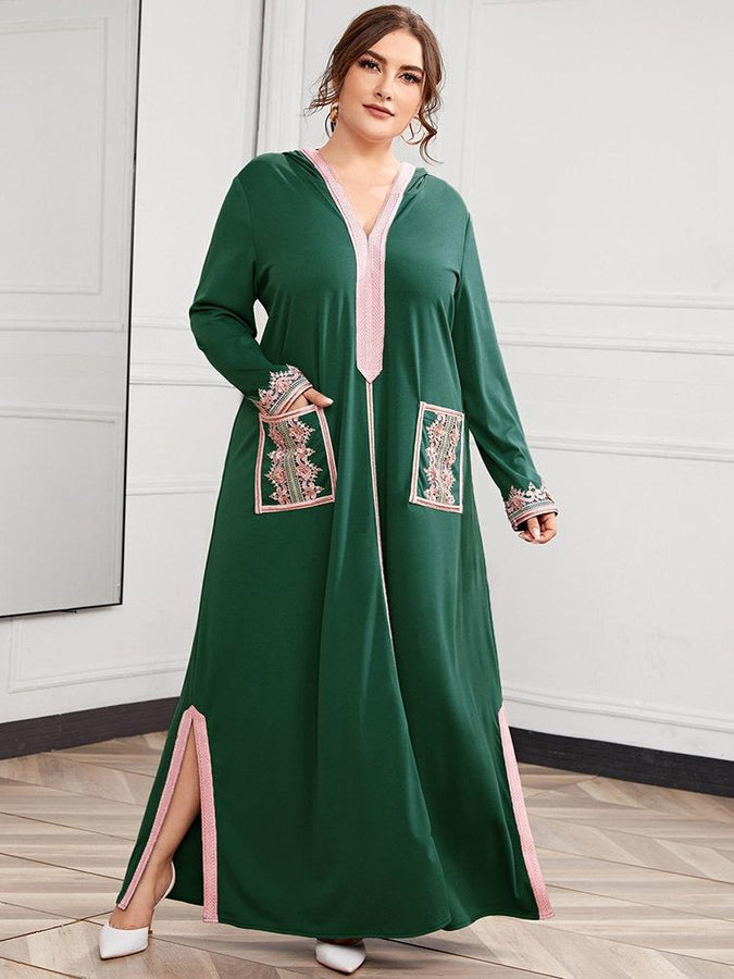 Hooded Embroidery Print Pocket Split Long Sleeve Dress