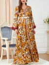 Leopard Print V Neck Feather Sleeve Belt Design Yellow Dress