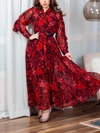 Floral Print Belted Long Sleeve Tie Neck Kaftan Dress