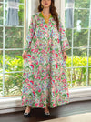 Floral Pattern Lapel Collar Long Sleeve Elegant Kaftan