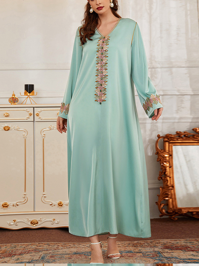 Satin Embroidered Rhinestone Long Sleeve V Neck Dress