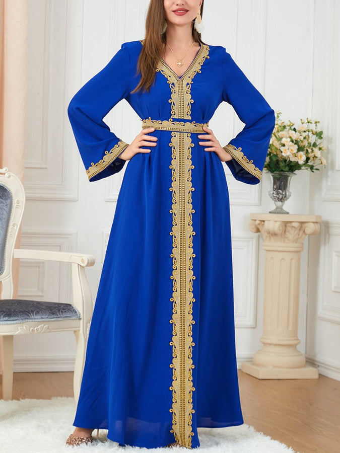 Golden Embroidery Binded Design V Neck Long Sleeve Gown