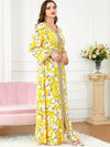 White Flowers Binded Split Design V Neck Long Sleeve Gown