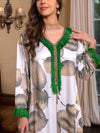 Leaf Print Feather Lace V Neck Long Sleeve Kaftan