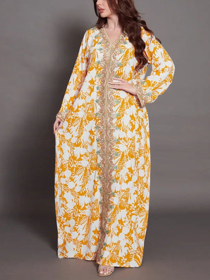 Vintage Print V Neck Long Sleeve Lady Abaya