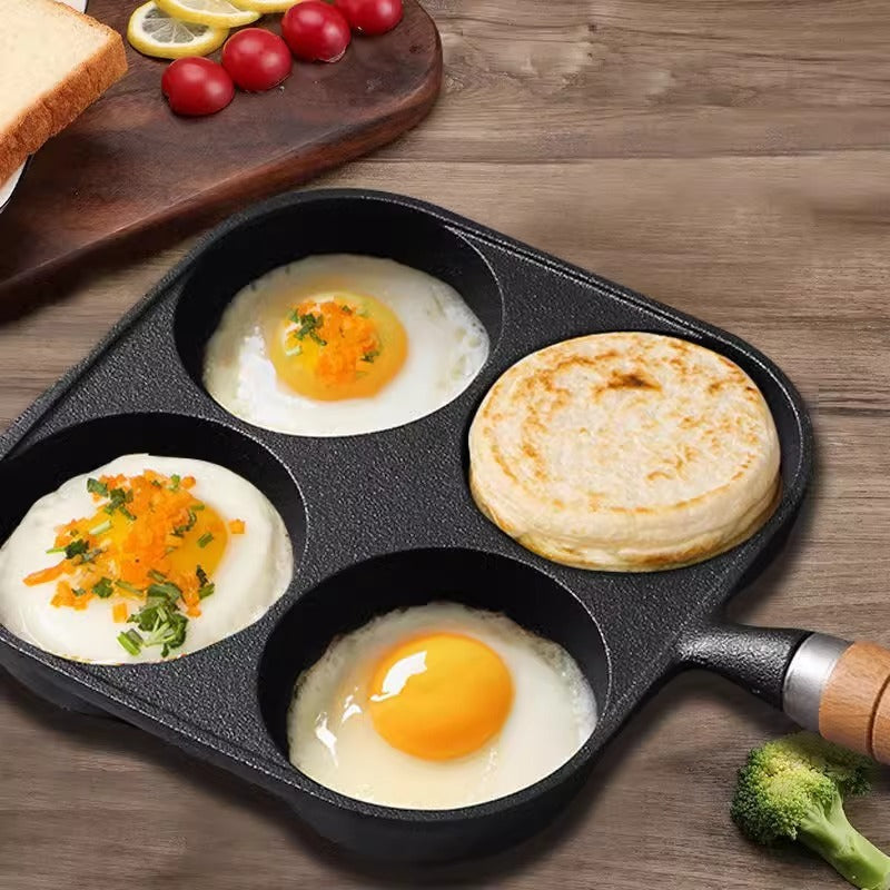 KT-12-26-010 Cast Iron Omelette Pan, 4-Hole Egg & Dumpling Pan, New Household Breakfast Pan, Uncoated Nonstick Skillet - 2 Pieces