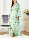 Flowers Printed Bind Design V Neck Long Sleeve Dress