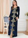 Blue Velvet V Neck Split Golden Print Long Sleeve Evening Dress