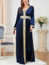 Solid Color Binded Design V Neck Long Sleeve Velvet Blue Dress