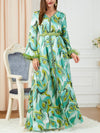 Green Printed Belt Design V Neck Tassels Sleeve Long Dress