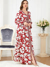 White Flowers Binded Split Design V Neck Long Sleeve Gown