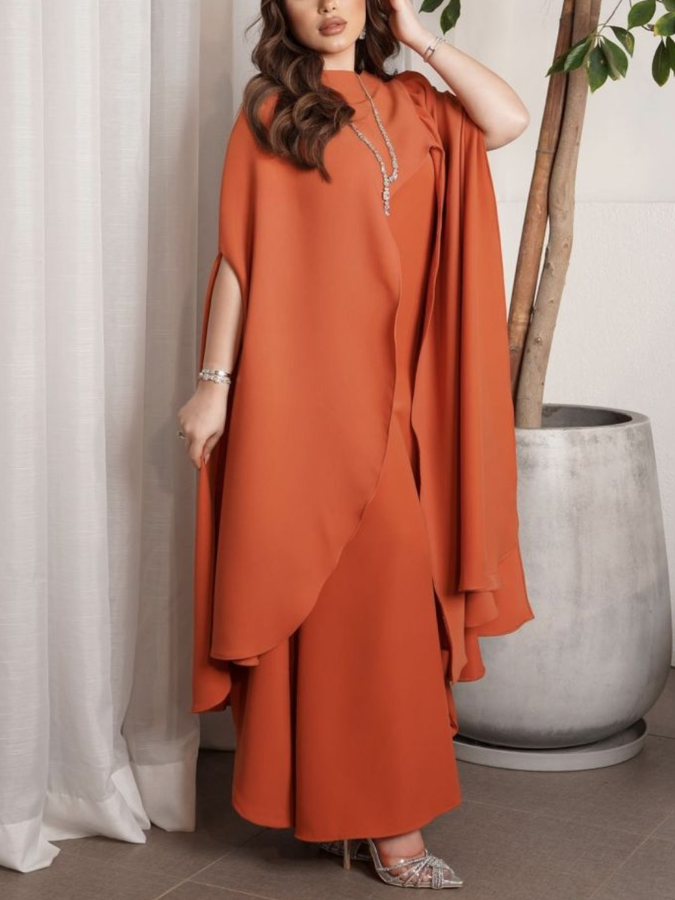 Loose Spliced Slit Long Sleeve Round Neck Kaftan Gown