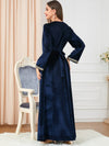 Blue Velvet V Neck Split Golden Print Long Sleeve Evening Dress
