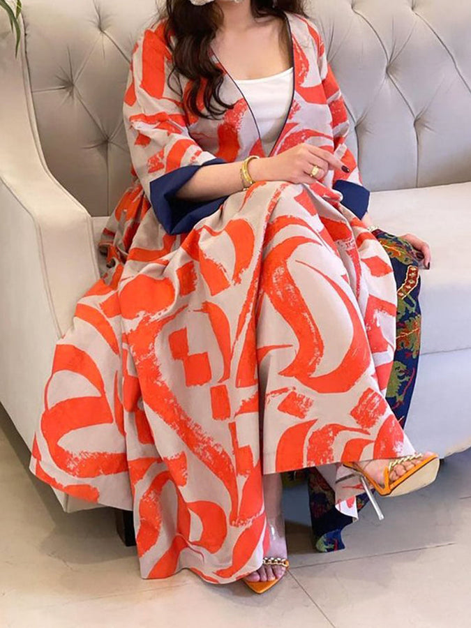 orange women long sleeve pattern loose Ramadan satin dress
