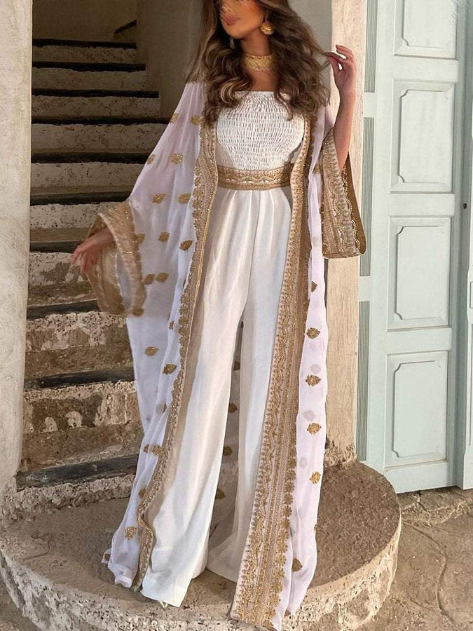 Elegant Embroidery Jumpsuit and Outwear Two-Piece Set