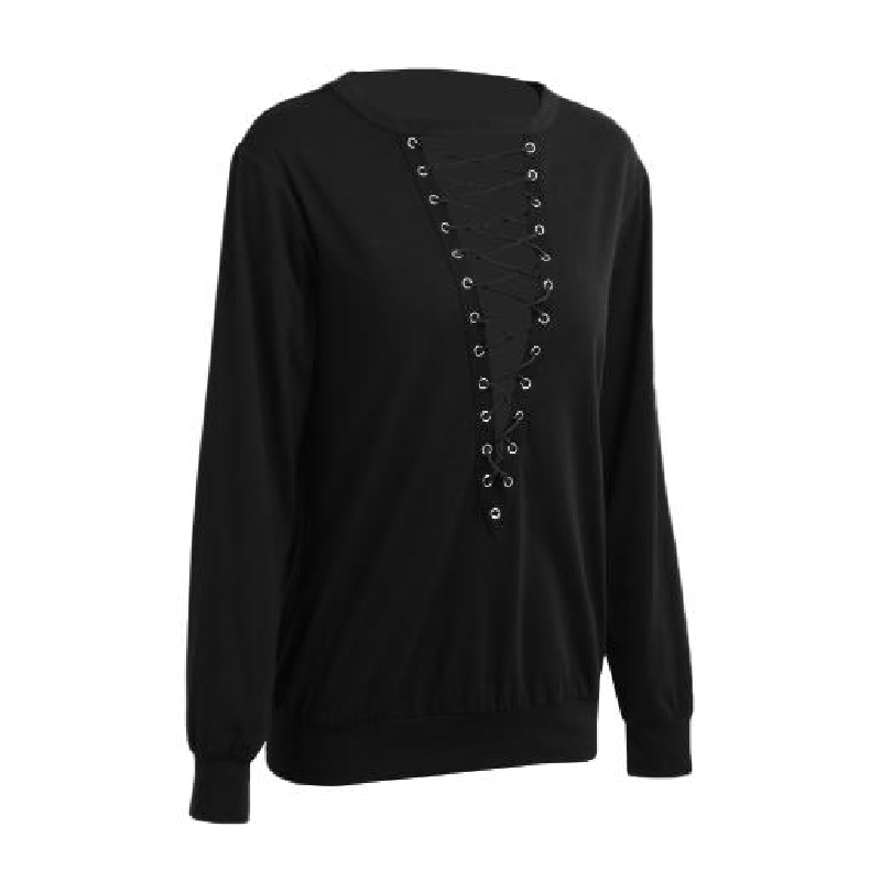 New Fashion Women Blouse Tops Lace Up Bandage Long Sleeve V Neck Shirts Casual Solid Pullover Black/Burgundy/Grey