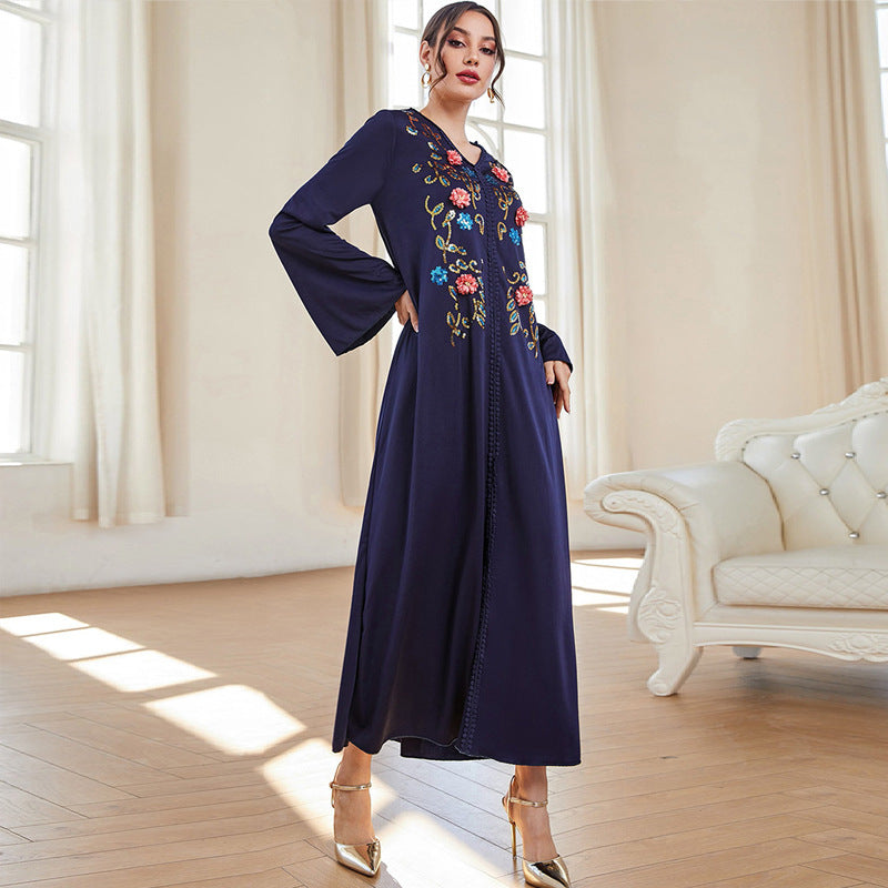 Flowers Embroidery V Neck Loose Lady Kaftan