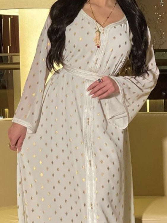 Gold Polka Dot Pattern V Neck Long Sleeve Kaftan