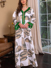 Leaf Print Feather Lace V Neck Long Sleeve Kaftan