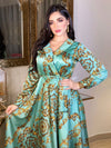 Satin Golden Print Lapel Design Long Sleeve Party Dress