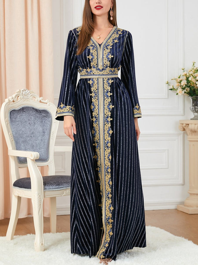 Solid Color Belt Design V Neck Long Sleeve Velvet Dress