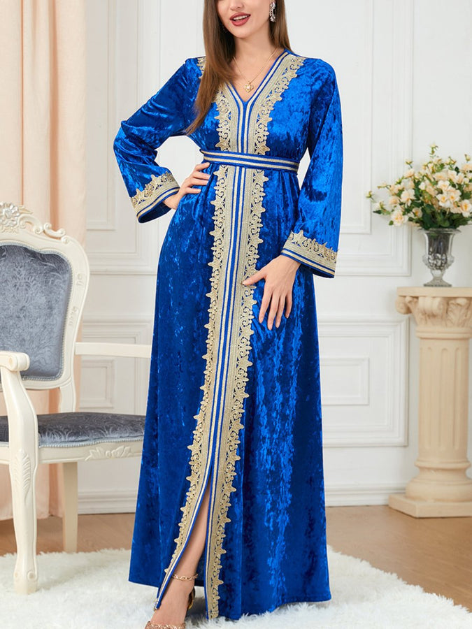 Solid Color Velvet Embroidery Pattern V Neck Long Sleeve Dress