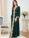 Velvet White Stripe V Neck Long Sleeve Green Dress