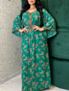 Green Floral Print V Neck Long Sleeve Kaftan Dress