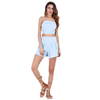 Sexy Women Two Piece Set Spaghetti Strap Backless Bandage Crop Top Pleated Shorts Suits Outfits White/Light Blue