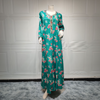 Green Floral Print V Neck Long Sleeve Kaftan Dress