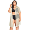 Sexy Women Bikini Cover Up Fishnet Hollow Out Hooded Cardigan Plus Size Outerwear Beachwear Beige