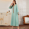 Satin Embroidered Rhinestone Long Sleeve V Neck Dress