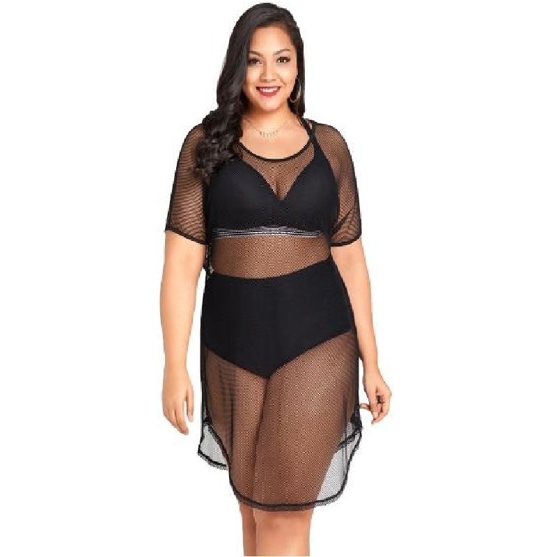 Women Plus Size Cover Up Net See Through Hollow Out Holes Sexy Bikini Beach Dress Wear Black