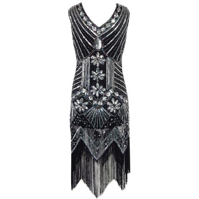 Women Dress Sequined Beading Tassel Fringe V Neck Sleeveless Bodycon Party Clubwear One-Piece