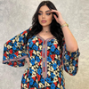 Floral Print Long Sleve V Neck Kaftan Dress