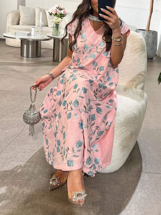 Floral Print V Neck Shortsleeve Elegant Dress