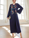 Flowers Embroidery V Neck Loose Lady Kaftan