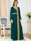 Green Embroidery Print Binded Design V Neck Long Sleeve Dress