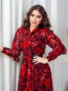 Floral Print Belted Long Sleeve Tie Neck Kaftan Dress