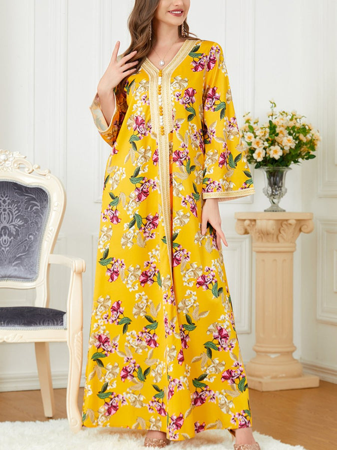 Flowers Pattern V Neck Long Sleeve Loose Elegant Gown