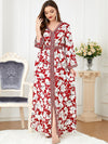 White Flowers Binded Split Design V Neck Long Sleeve Gown