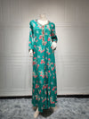 Green Floral Print V Neck Long Sleeve Kaftan Dress