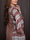 Stripes Print Embroidery V Neck Long Sleeve Elegant Dress