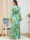 Green Printed Belt Design V Neck Tassels Sleeve Long Dress