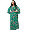 Green Floral Print V Neck Long Sleeve Kaftan Dress