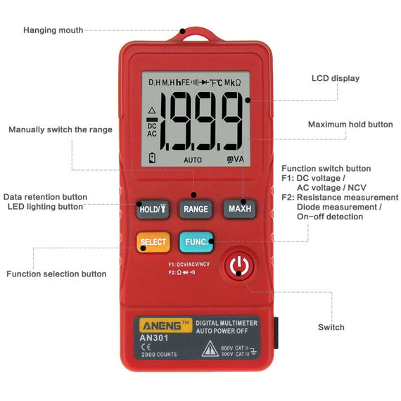 AN301 New Mini Digital Multimeter Tester - Red