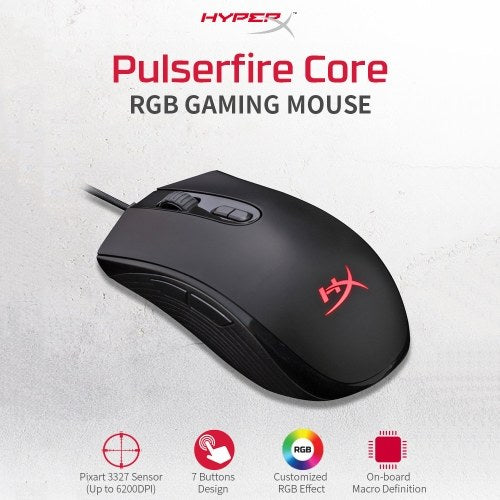 ماوس ألعاب Kingston HyperX Pulsefire Core RGB سلكي ماوس ألعاب 6200 ديسيبل متوحد الخواص مريح ماوس خفيف الوزن لأجهزة الكمبيوتر المحمول المكتبية