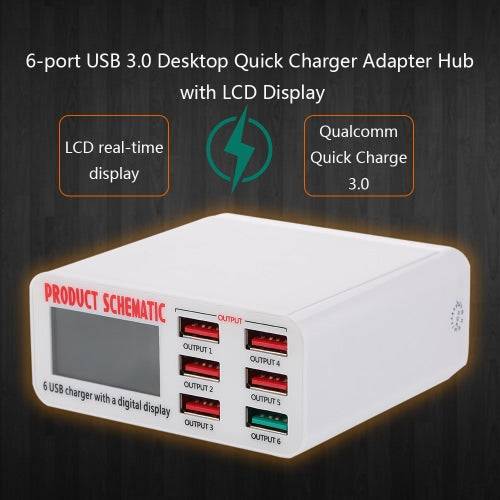 Quick Charge 3.0 6-Port 6A USB Desktop Charger Adapter Hub Multi Port USB Wall Charger Dock Station with LCD Display Intelligent IC Auto Detect Tech