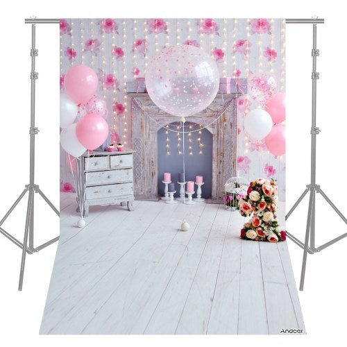 Andoer 1.5 * 2.1m/5 * 7ft Birthday Party Photography Background Pink Balloon Light Bulb Flower Fireplace Wood Floor Children Baby Backdrop Photo Studio Pros